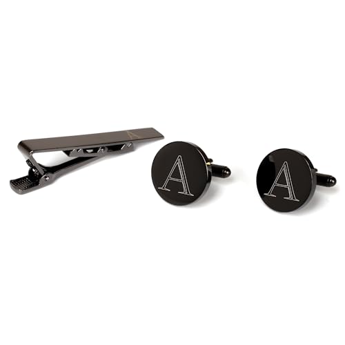 Image of Mens Initial Cufflinks and Tie Clip A-Z Alphabet Letter Black Stainless Cuff Links Tie Bar with Engraved Walnut Wood Box Groom Groomsman Wedding Set