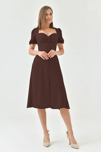 Image of Shasmi Girl's & Women's Solid Midi Dress - Elegant Square Neck Button-Down Dress with Puff Short Sleeves | Stylish Casual & Party & Office Wear Outfit (Dress 105)