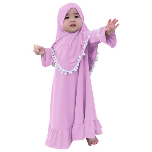 Abayas for Baby Girls Abaya Dubai Turkey Kaftan Prayer Maxi Dress and Full Cover Pom-Poms Hijab Toddler Muslim Long Sleeve Arabian Robe Ramadan Modest Islamic Clothes Clothing Lavender 18-24 Months