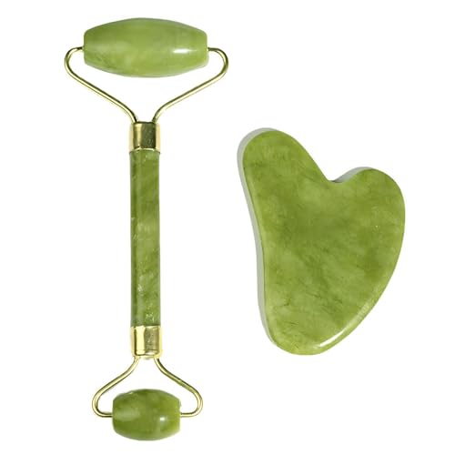 CUEMOON Gua Sha e Rullo di Giada per il Viso, Jade Roller e Pietra Guasha, Rilassante per la Pelle, Strumento Massaggio Naturale, Idea Regalo Perfetta
