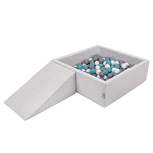 KiddyMoon Aire De Jeux en Mousse avec Carré Piscine À Balles (200 Balles) pour Enfants, Gris Clair: Gris/Blanc/Turquoise
