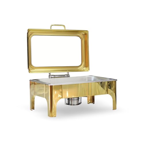 Image of Malabar Stainless Steel Chafing Dish with Transparent Lid, Rectangular Chafing Dish Set with Hydraulic Lid, Mirror Finished Buffet Food Warmer (Non Electric, 9 LTR - Gold)