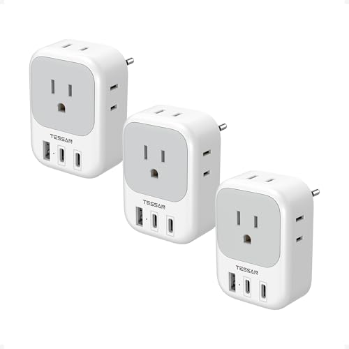 3 Pack European Travel Plug Adapter, TESSAN Type C Charger Plug with 4 Outlets 3 USB (2 USB-C), US to Europe Plug Adapter for Italy, Spain, France, Portugal, Greece, Iceland, Travel Essentials