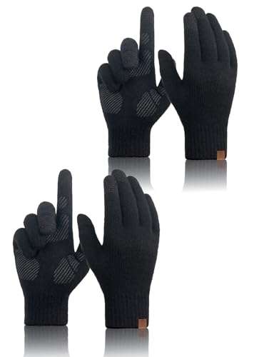 TRENDOUX Cold Weather Gloves for Men: 2 Pairs Big Hand Winter Touch Screen Merino Wool Gloves, Mens Warm Lined Non-slip Soft Glove for Outdoor Hiking Driving Running Typing Gift X-Large Size BLACK