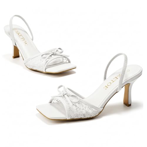 Image of Bow Kitten Heels for Women Square Toe Mesh Sandals Knots Heels for Wedding Party