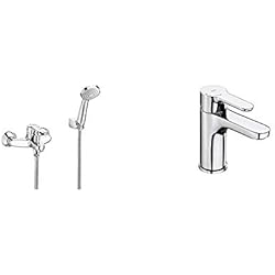 Roca A5A3125C00 A5A0125C02 Mezclador Monomando Baño-Ducha, Coleccion Victoria, Cromado + A5A6A09C00 A5A3K09C00 Mezclador Monomando Lavabo, Coleccion L20, Cuerpo Liso, Cold Start, Maneta XL, Cromo