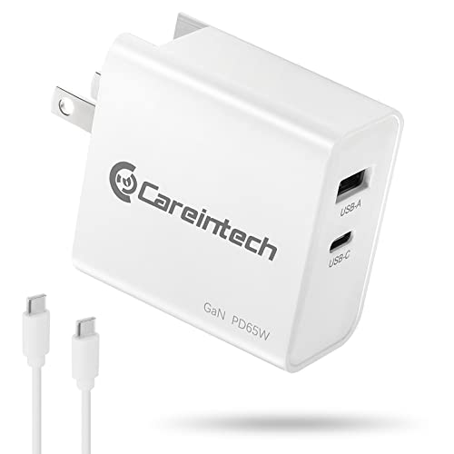 Careintech PD充電器 65W 2ポート TypeC急速充電器/eMarker搭載Type-Cケーブル付属/GaN 窒化ガリウム /PD3.0/PPS/QC3.0対応 /iPhone、iPad、MacBook Air、Android各種、その他USB-C&USB -A機器対応/折りたたみ式/PSE認証済/コンパクトサイズ