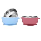 Wesketch 2 Pack Stainless Steel Baby Bowls with Removable Non-Slip Silicone Suction Shell, Anti Scald Food Container for Baby Food Feeding-Skyblue & Red