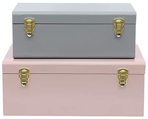 Vixdonos Metal Trunks College Dorm Steel Chests Decorative Storage Box Set Of 2 Toy Organizer For Home Decor,23.7X14.2X9.5 Inches(Grey And Pink) #TOP7