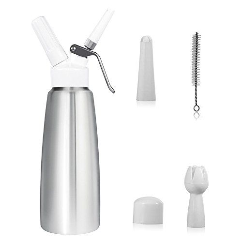 CoZroom Professional Whipped Cream Dispenser (1 Pint) - Brushed Aluminum Body with 3 Decorating Tips – Compatible with all 8 gram N20 Cartridges (Not Included)