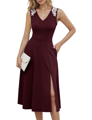 Image of Dressystar Sleeveless Cocktail Party Dress with Pocket 2025 Women V Neck Slit Tea Length Casual Dresses Work Wedding Guest