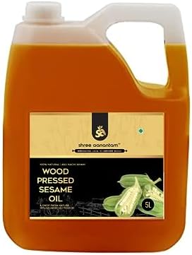 Shree Aanantam Wood Pressed Sesame Oil - 5L | Can | Kolhu/Kacchi Ghani/Chekku | Gingelly Oil | Natural | Chemical-Free | Cold Pressed Sesame Oil for Cooking.
