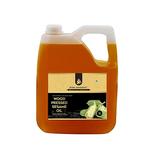 Shree Aanantam Wood Pressed Sesame Oil - 5L | Can | Kolhu/Kacchi Ghani/Chekku | Gingelly Oil | Natural | Chemical-Free | Cold Pressed Sesame Oil for Cooking.