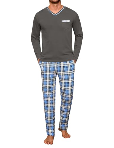 Demegimi Schlafanzug Herren lang Pyjama Set Baumwolle Zweiteiliger Nightwear Set Nachtwäsche Langarâ€¦ – Miniatur