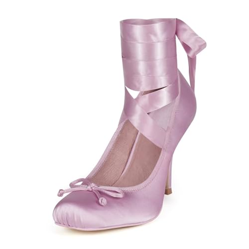 Agodor Ruched Satin Ballet Heels for Women Lace Up Stiletto Ballet Shoes Bow Square Toe High Heel Pumps Strappy Mary Jane Ballerina Shoes