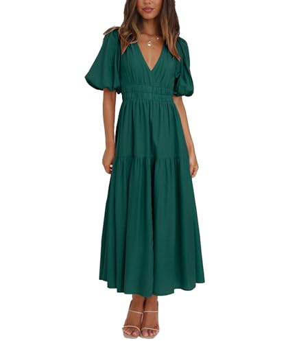 Image of Women's Summer Deep V Neck Puff Short Sleeve Tiered Maxi Dress Flowy A Line Long Dresses
