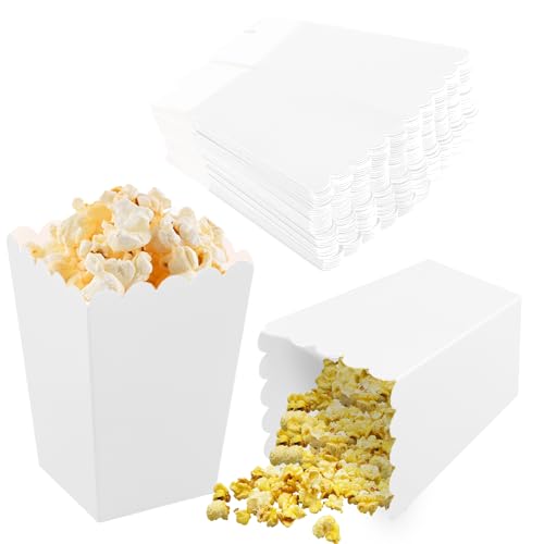 Daelesr 50 Pcs Mini Popcorn Boxes, 4 Colors Popcorn Carton Treat Box, Popcorn Bags Popcorn Favor Boxes, Paper Popcorn Containers for Wedding Theater Carnival Birthday Movie Night Party (White)