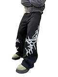 DFGIGT Men's Hip-hop Embroidered Baggy Jeans Loose Fit Denim Black Trousers Distressed Straight Leg Relaxed Fit 2000s Extreme Motion Skater Skateboard Street,A10 Black,X-Small