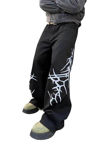 DFGIGT Men's Hip-hop Embroidered Baggy Jeans Loose Fit Denim Black Trousers Distressed Straight Leg Relaxed Fit 2001s Extreme Motion Skater Skateboard Street,A10 Black,X-Small