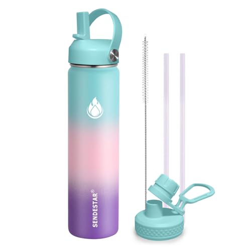 Image of SENDESTAR Stainless Steel Wide Mouth Water Bottle 24oz Double Wall Vacuum Insulated Leak Proof Bottle with New Flex Straw Lid & Spout Lid