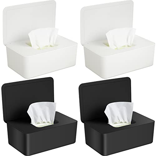 Image of 4 Pieces Baby Wipes Dispenser Wipe Container Keep Wipes Moist Baby Wipe Holder Easy Open Wet Tissue Storage Non-Slip Box Case for Bathroom Baby Nursery (Black, White)