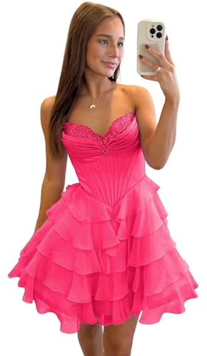 Short Homecoming Dresses for Teens Lace Sweetheart Tiered Chiffon Prom Dress LW200