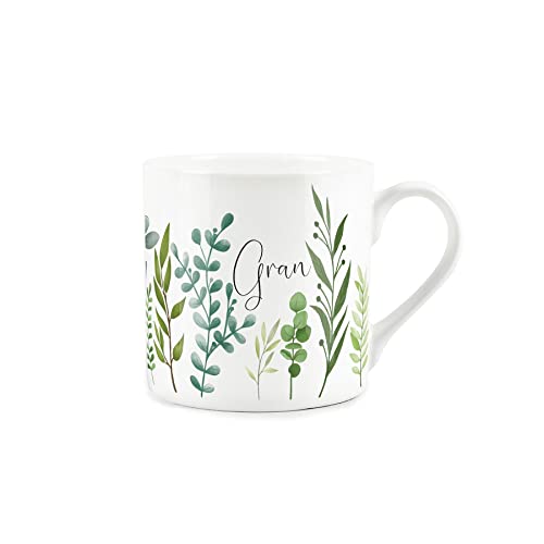 Purely Home Bone China Gran Mug - Green Leaf Foliage Gran Gift Coffee/Tea Mug - Present for Gran, White