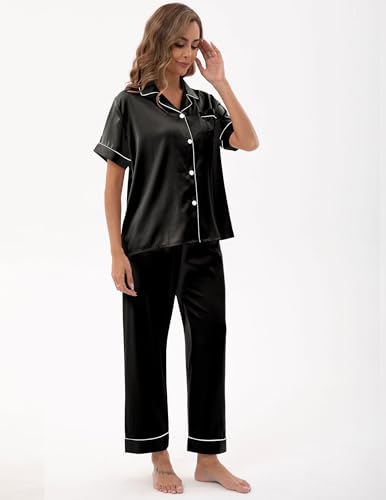 UMBY Silk Satin Pajamas for Women Set 2 Piece button down Soft Silk Pjs Sets Cozy Silky Pajama Short Sleeve3