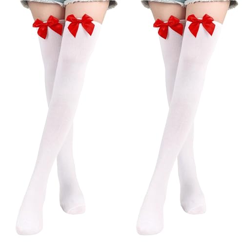 Grasslandy 2 Paar Weiße Overknees Strümpfe Damen mit Schleife, Dehnbar Thigh High Socks, Kniestrümpfe für Valentinstag Mottoparty Karneval Weihnachten