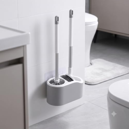 Image of Vasukie Silicone Toilet Brush and Holder Set, with a Extra Crevice Cleaning Brush Deep Cleaning Toilet Bowl Brush for Bathroom Toilet Brushes for Bathroom Wall Mounted Water Drop (2IN1 White)