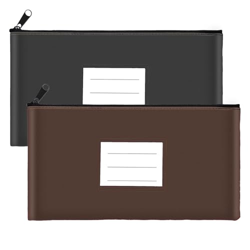 COZEFFIC 2-Pack Bank Deposit Money Bags with Zipper, 11 x 6 Inches, PU Leather Cash Pouches with Label, Black & Brown