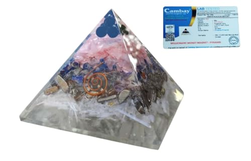 Image of Certified Millionaire Money Magnet Pyramid for Wealth Prosperity & Abundance | Pyrite Rose Quartz Lapis Lazuli Black Onyx Copper Coil on Selenite Base | Self Charging Vastu Feng Shui Crystal