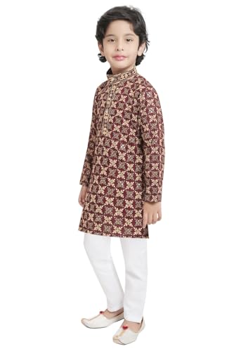 Image of TinySteps Boys' Ethnic Wear - Cotton Lakhnavi Chikan Kurta with Golden Sequence Work and Elastic Waist White Cotton Pajama - Festive & Wedding Outfit