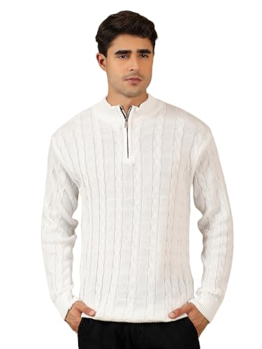 Image of Kvetoo Men's Wool High Neck Zipper Sweater, Full Sleeve Cable Knit Quarter Zip Winter Pullover