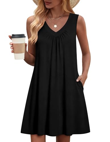 Image of Zeagoo Summer Dresses for Women 2026 Sleeveless Dress V Neck Tank Dress Pleated Floral Tshirt Sundresses with Pockets