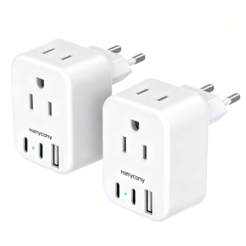 Image of HANYCONY European Plug Adapter, US to Europe Power Adapter with 2 Outlets & 3 USB Ports (2 USB C), Type C Travel Adapter for Italy, Spain, France, Germany, Greece, Iceland, Essentials for Cruise Ship