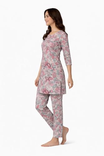 Image of Duchess Women's 100% Pure Cotton Printed Night Suit | Stylish Long Length Top & Pyjama Set | Ultra Soft, Breathable Sleepwear & Loungewear Homewear Nightwear Set | Plus Size Friendly