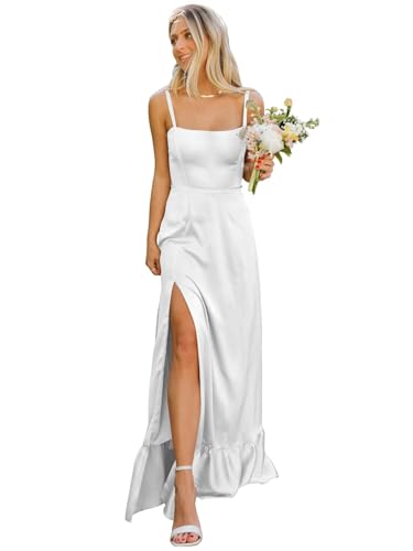 IIF Satin Bridesmaid Dresses for Women Spaghetti Strap Square Neck Ruffle Evening Formal Gowns with Slit IIF123