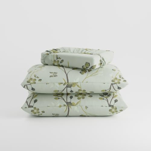 Image of BLISSHOME SoftTouch 140TC Cotton King Size Fitted Bedsheet with 2 Pillow Covers, Silky Smooth Bedding Set, Breathable, Easy Maintain, Floral Print - Green (182cm x 198cm x 25cm Drop)