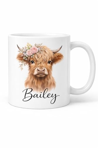 Vacso Trading Personalised Highland Cow Mug Custom Name Coffee Cup | Cute Floral Highland Cow Gift | Farm Animal Lover Mug | Personalised Tea Cup with Any Name