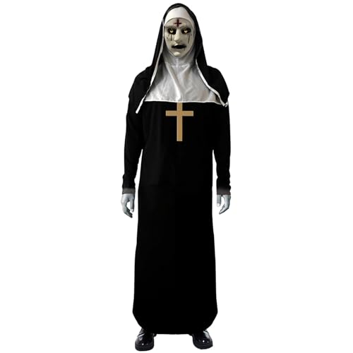 IRWOY Disfraz de monja de Halloween con máscara aterradora: disfraz de monja aterradora para hombres y mujeres, talla grande, disfraz de monja de terror, color negro (XL)