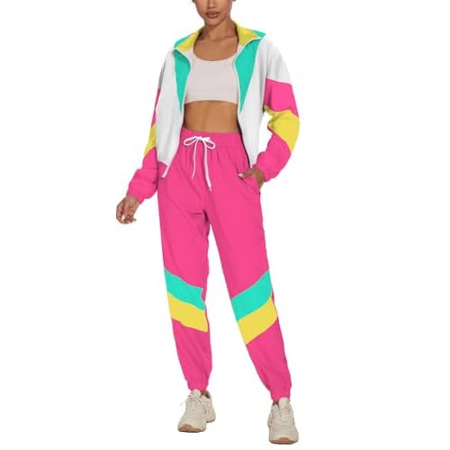 UOUA Women's Color Block 2 Piece 80s 90s Outfits Long Sleeve Windbreaker Jacket Tracksuit Set Pink White XX-Large