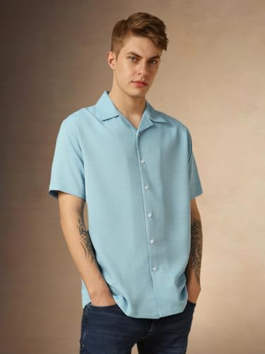 Image of Dennis Lingo Men's Half Sleeve Cuban Collar Solid Textured Relaxed Fit Casual Shirt