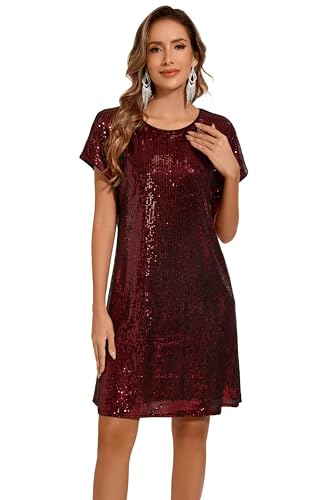 Image of Women's Crewneck Sequin Shift Dress Short Sleeve Casual Holiday Sparkly Party Dress
