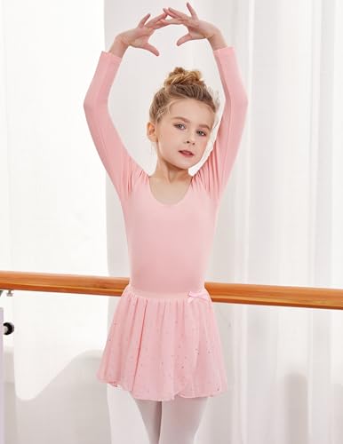 Foto von Bricnat Mädchen Ballettkleidung Kinder Ballettkleid Tanzbody Gymnastikanzug Balletttrikot Langarm Tanzkleid mit Tütü Kinder Baumwolle Rosa pink 130