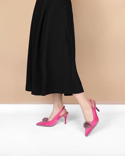 Eldof Women Slingback Heels Beaded Rhinestone Pointed Toe Flower Bow High Heel Pumps Shoes 3.5 Inches4