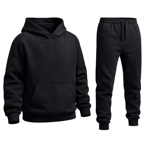Image of The Fancy Dress Boys Girls Tracksuit Set - Unisex Kids 2 Pcs Activewear Fleece Lined Hooded Sweatshirt and Joggers Bottom Set for Sports Running Jogging, Black, 11-12 Years