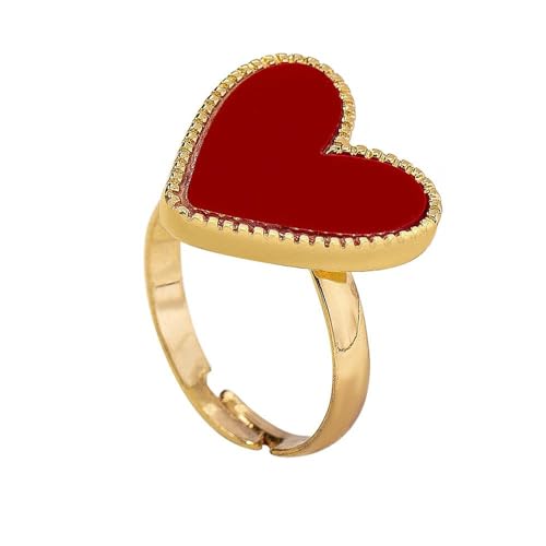 Red Enamel Cute Sweet Heart Stackable Finger Ring Gold-Tone Plated Simple Adjustable Band Rings Friendship Engagement Wedding Party Festival Accessories Charm Jewelry for Women Girlfriend Valentine