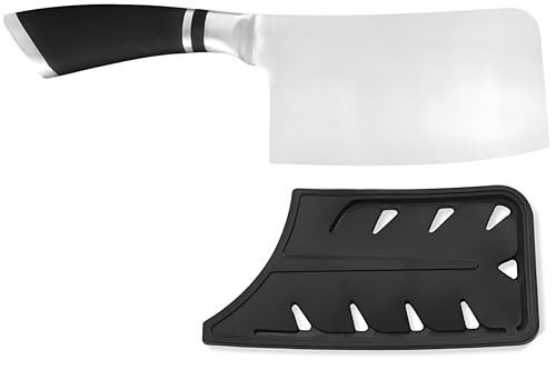 Image of Professional Japanese Chef Knife with Hammered Damascus Steel Blade, Wooden Handle, Premium Kitchen Cutlery, Leather Sheath Included (Cleaver Knife)