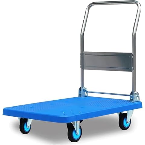 Platformwagen met kunststof dek, opvouwbare duwwagen met 360° draaibare wielen en platte wagen met metalen handgreep voor laden en opslag
